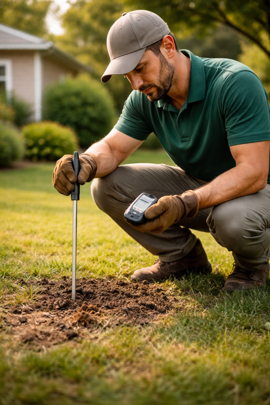 Professional landscaper diagnosing lawn fungus with probes in a suburban yard