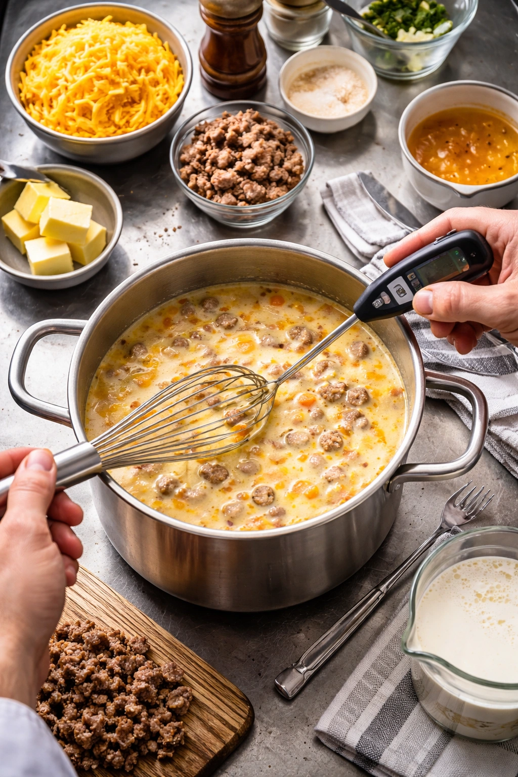 Professional kitchen scene with chef's hands and utensils for expert tips