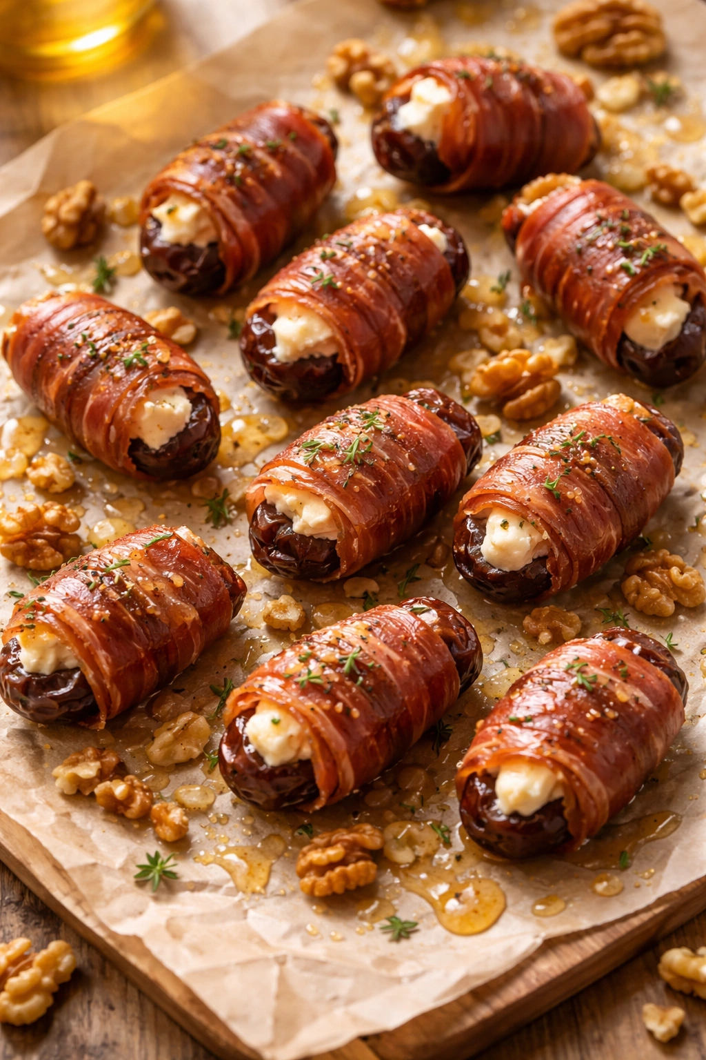 Dates stuffed with goat cheese wrapped in prosciutto on parchment with walnuts