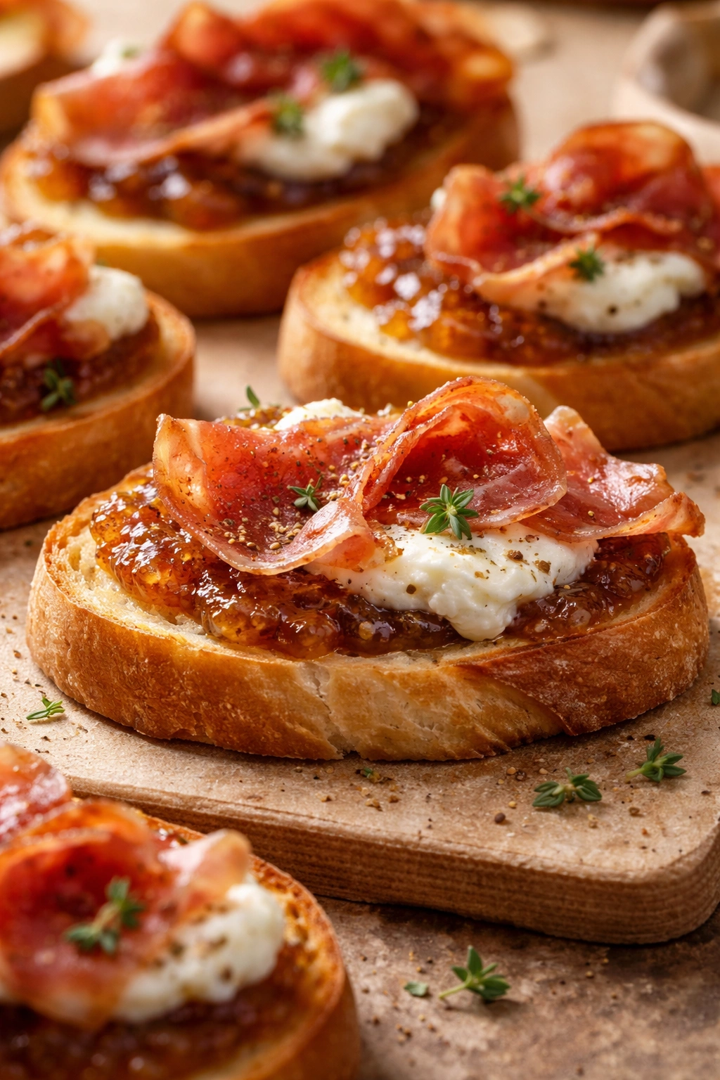 Crostini with crispy prosciutto, goat cheese, and fig jam.