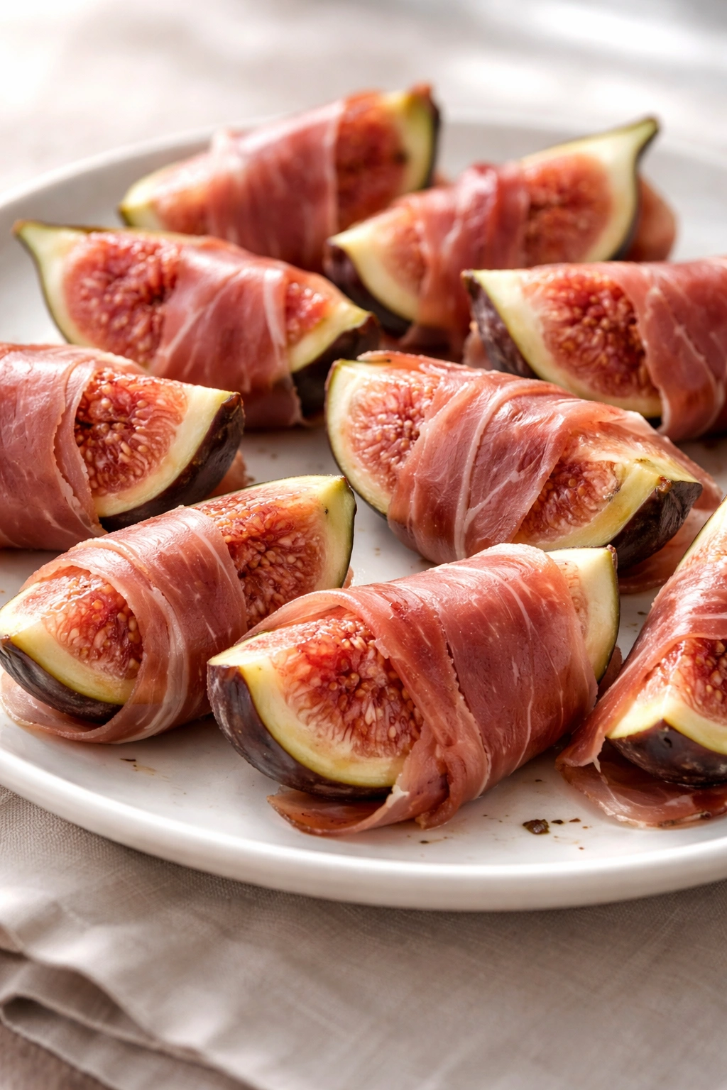 Prosciutto wrapped figs on a plate
