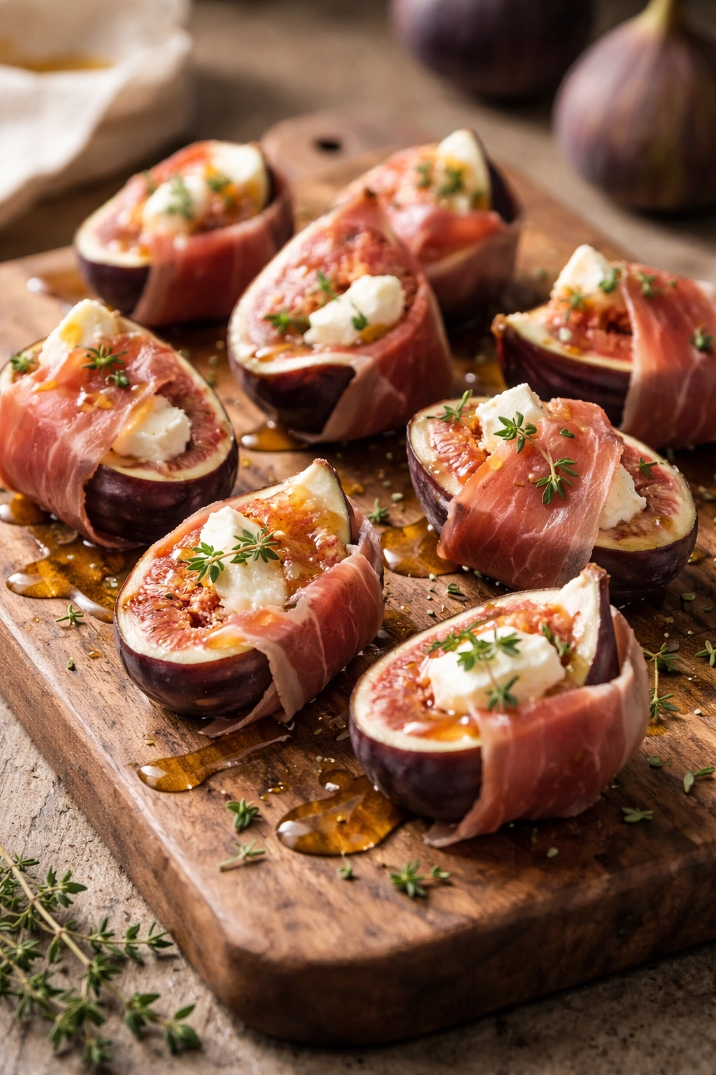 Prosciutto wrapped figs with goat cheese on a rustic board