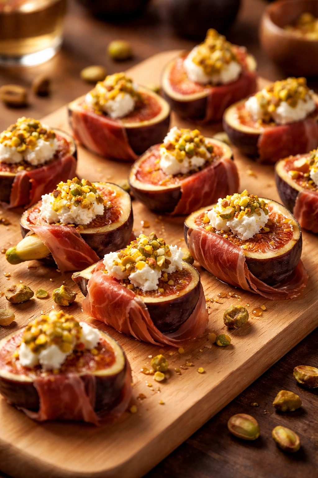 Close-up of prosciutto-wrapped figs with goat cheese and pistachios on a light board