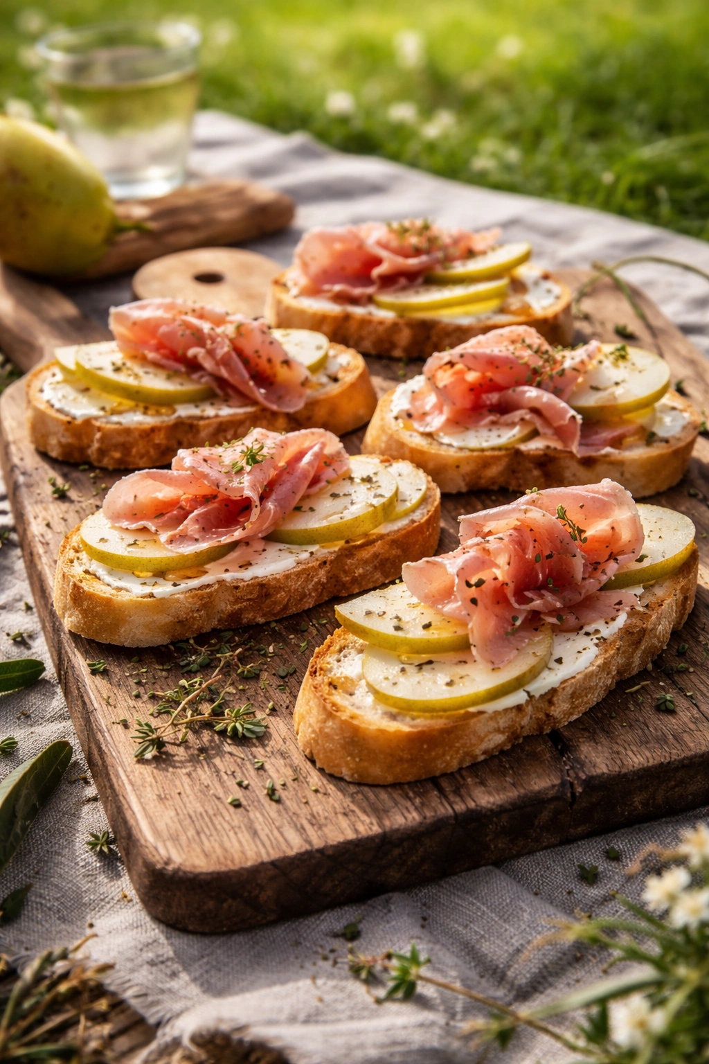 Crostini with prosciutto and pear on a wooden board outdoors