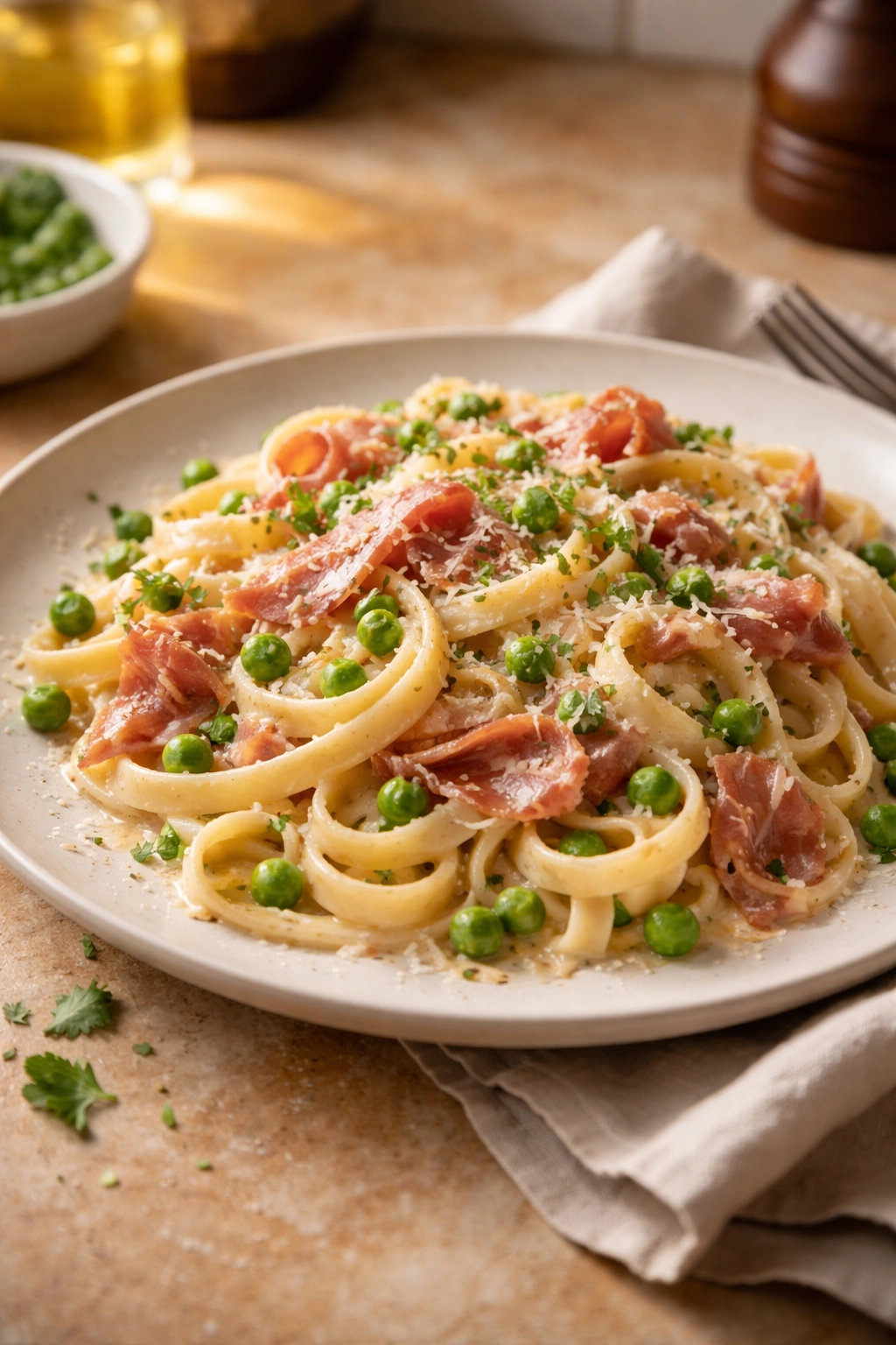 Creamy Prosciutto Pasta with Peas on plate