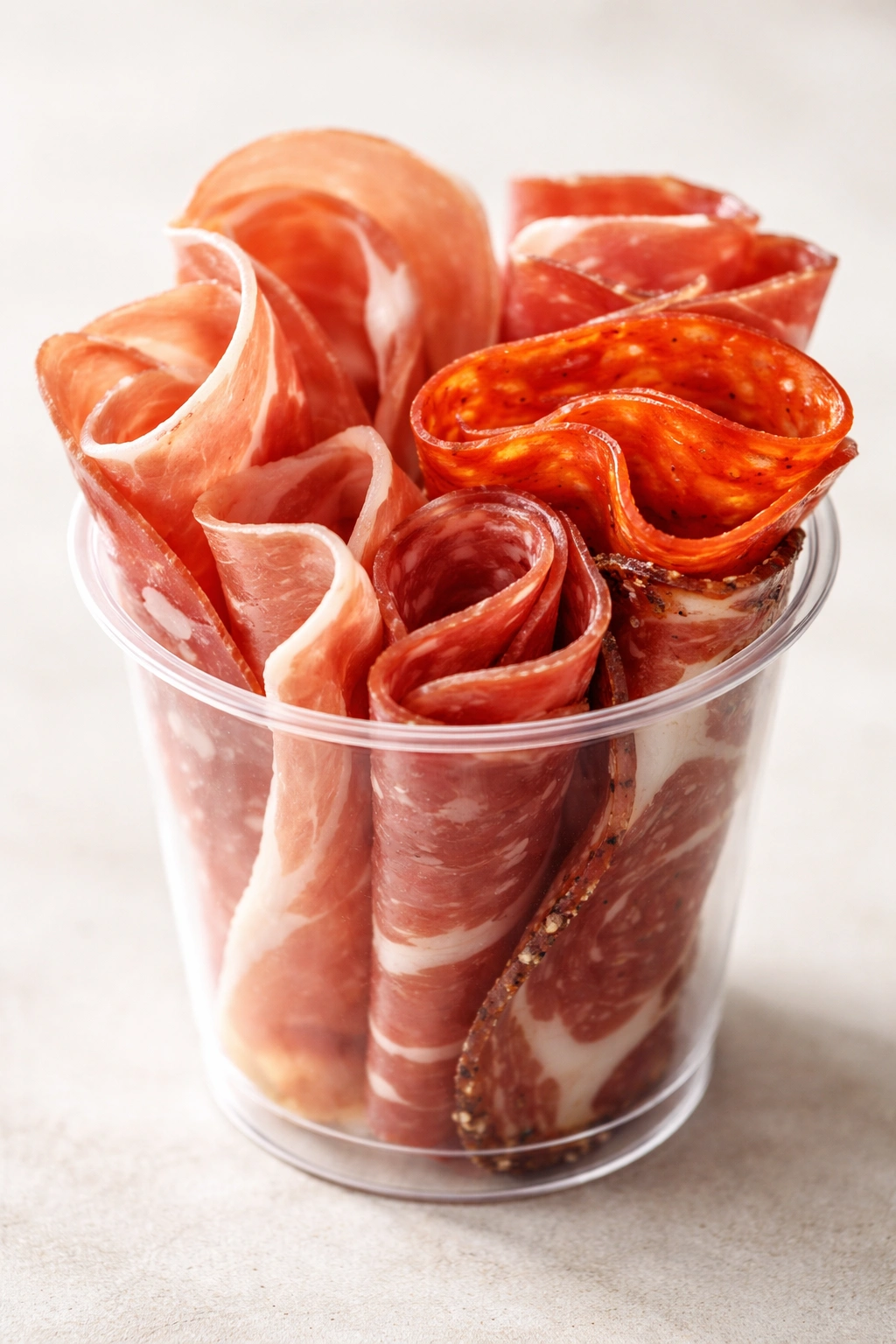 Charcuterie cup with prosciutto, pepperoni, and capicola