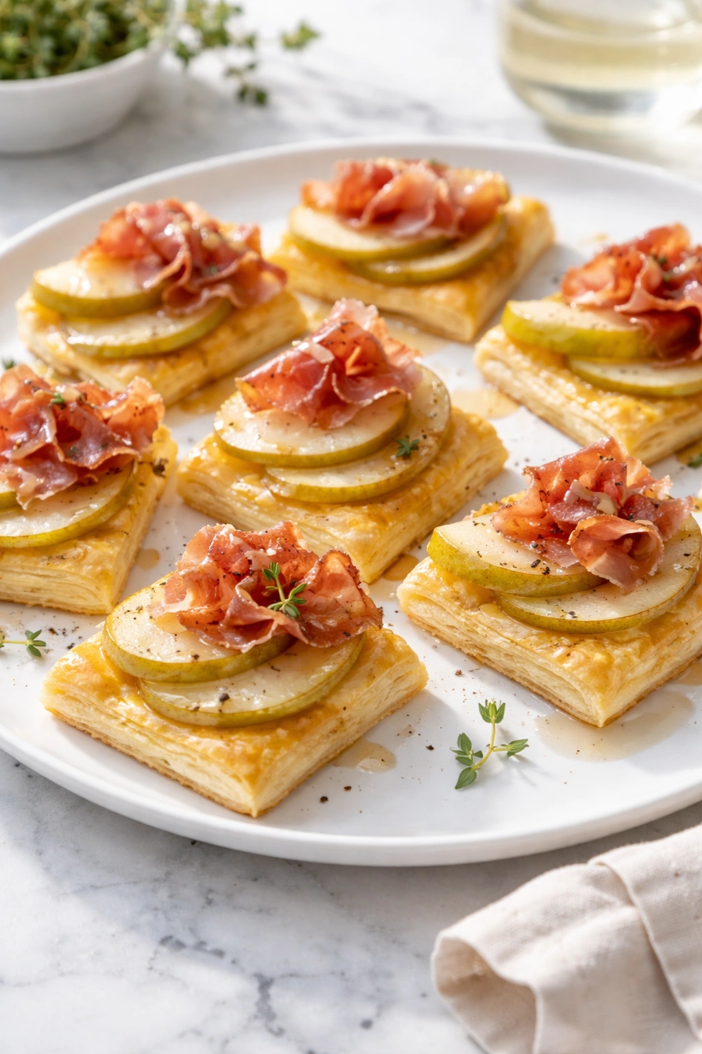 Close-up of prosciutto and pear puff pastry bites on a white plate