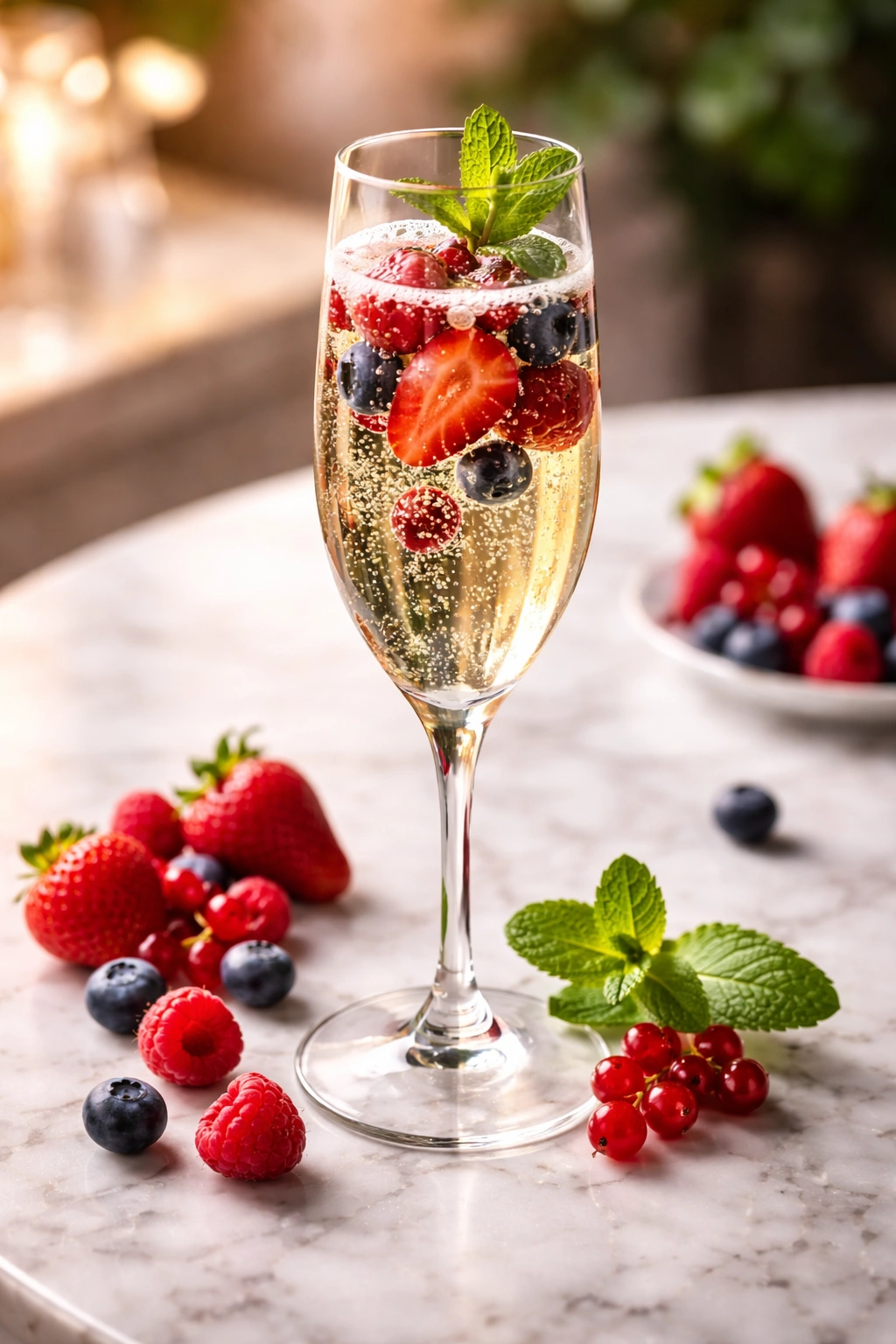 Flute of Prosecco with berries and mint on a table