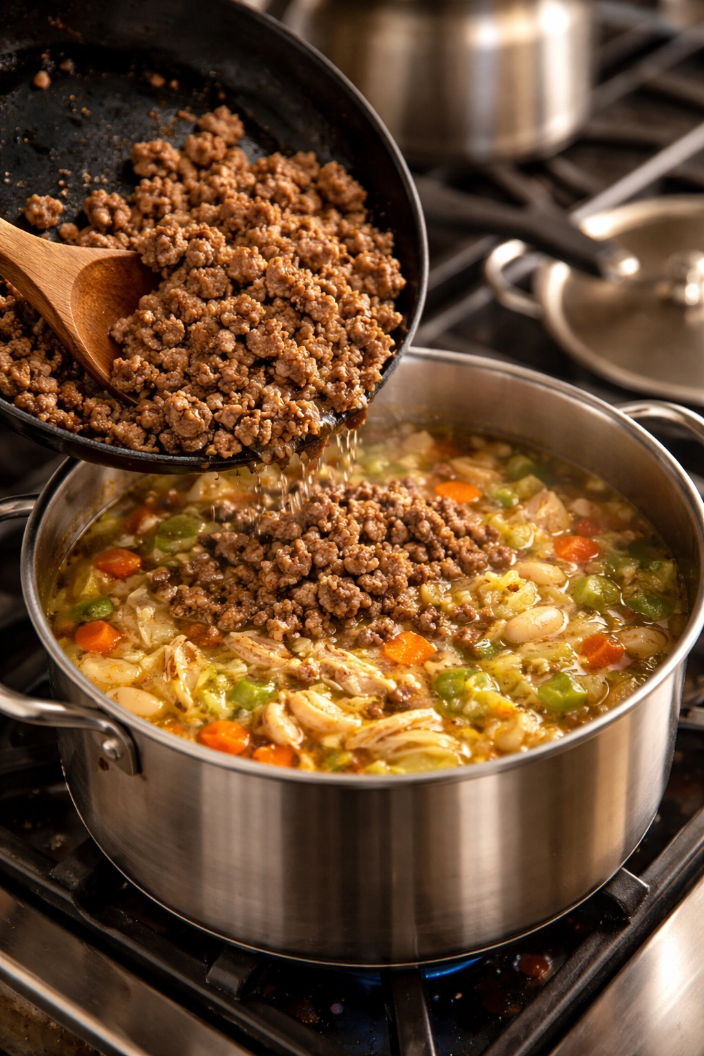 Close-up of ground beef crumbles being added to cabbage soup in a skillet on the stove