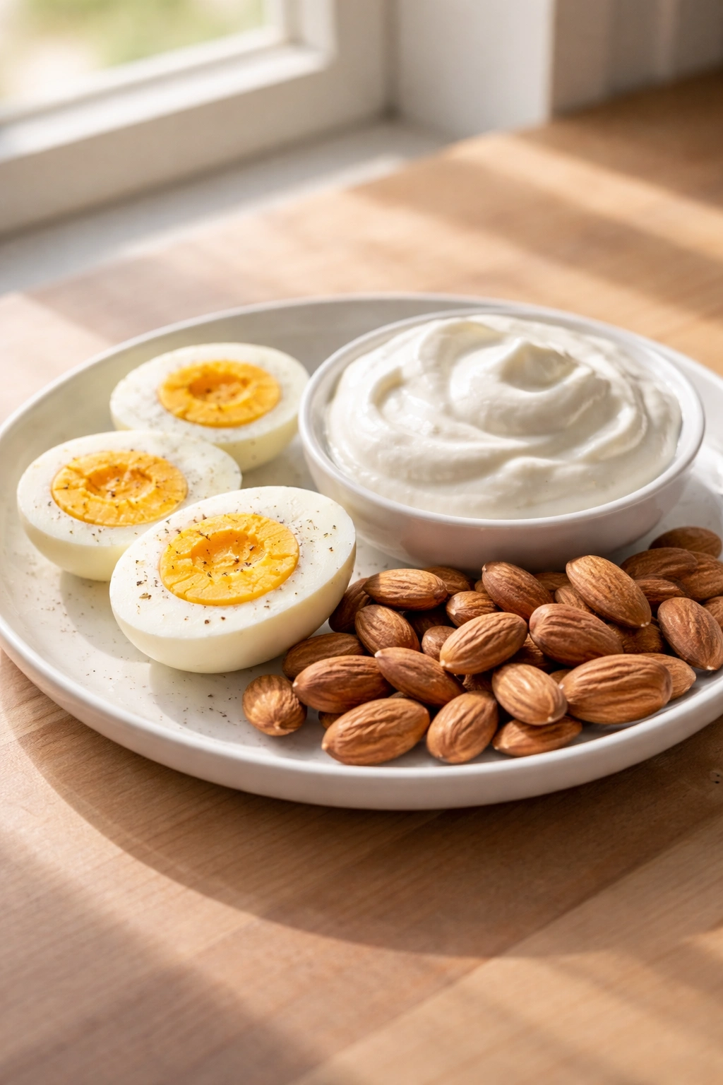 Protein-rich foods showing satiety: eggs, yogurt, and nuts