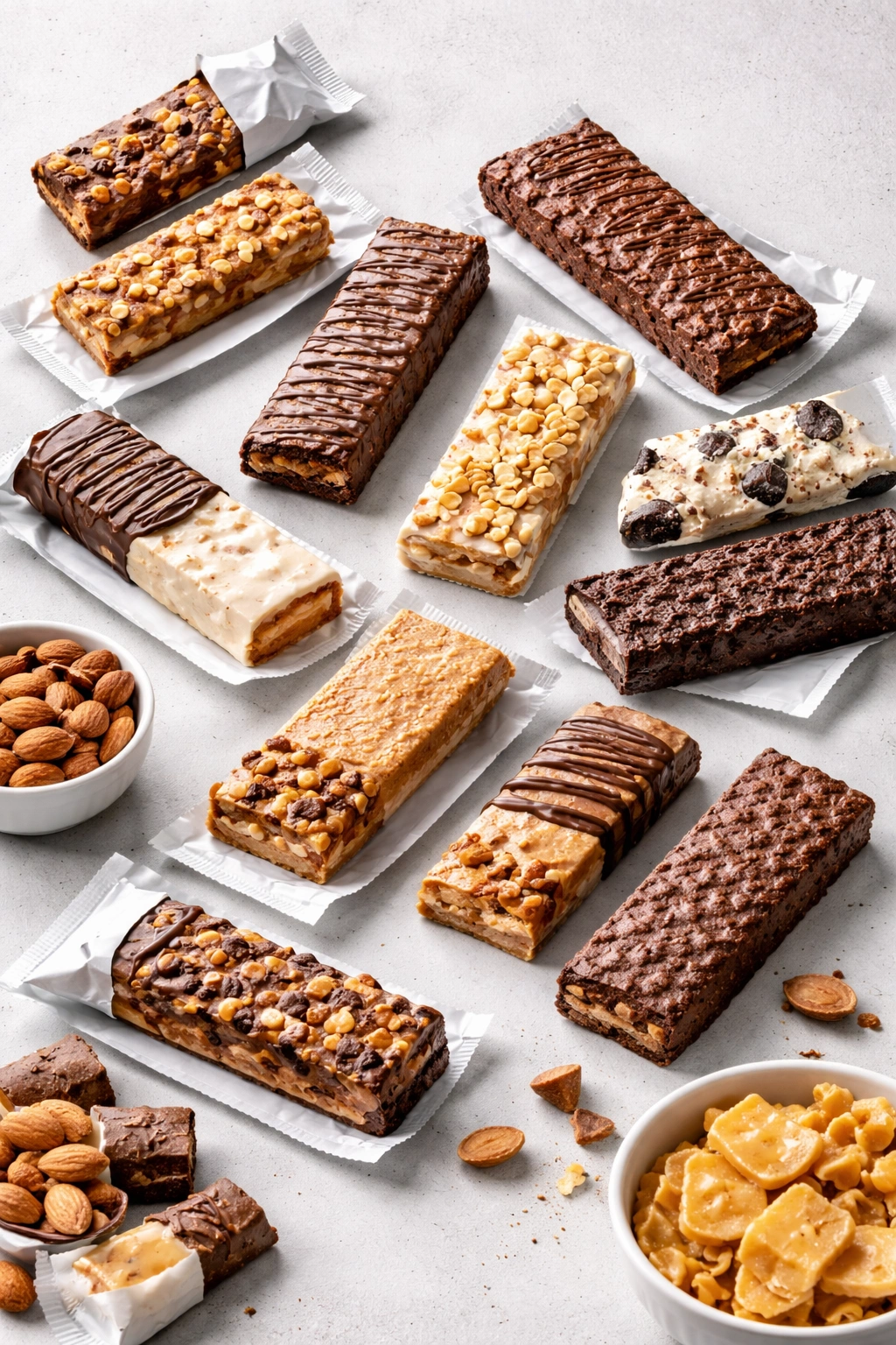 Close-up of unbranded protein bars on a neutral surface