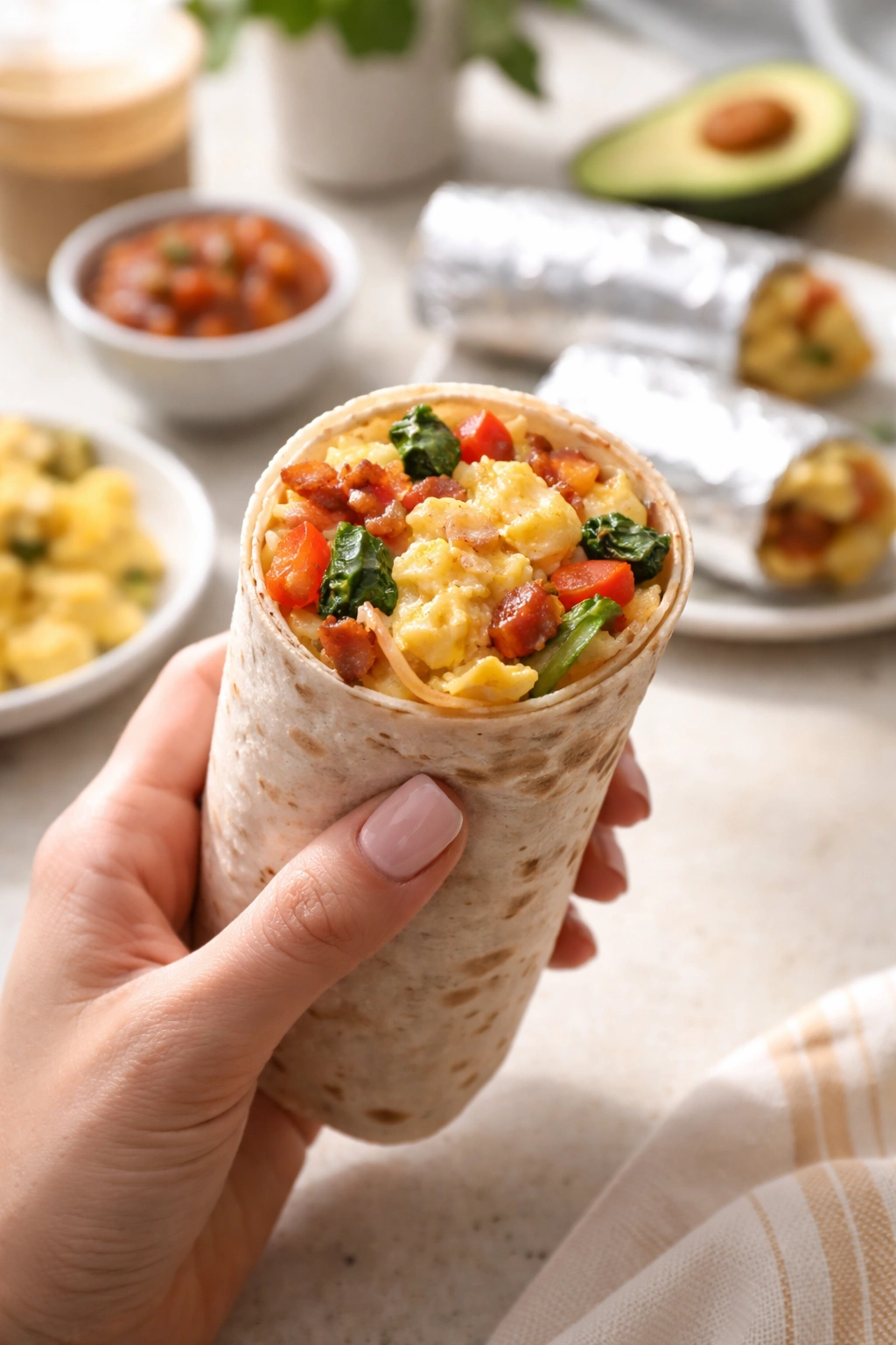 Handheld breakfast burrito showing egg and veggie filling
