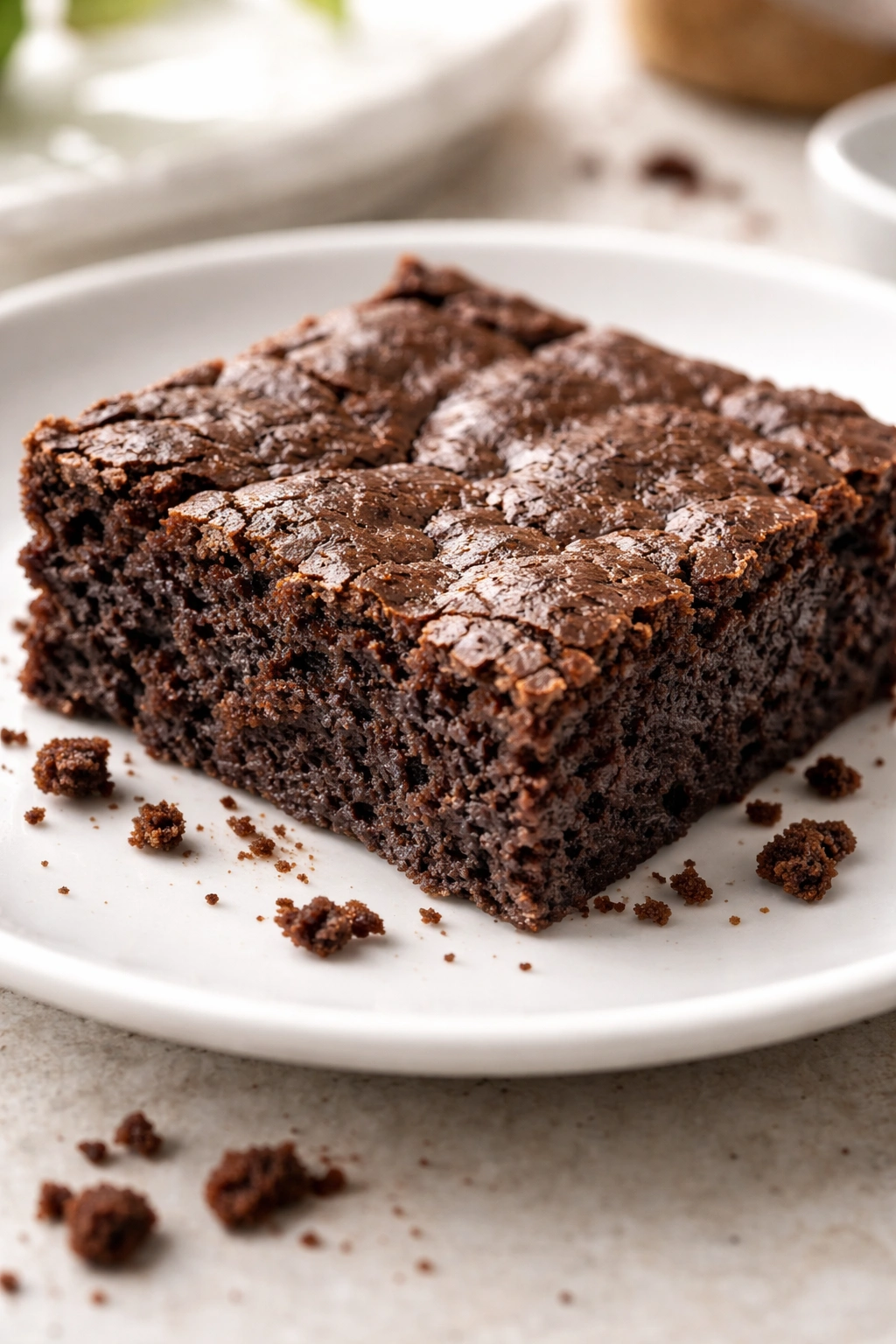 Close-up of a dry, crumbly protein brownie on a plate, highlighting overbaked texture
