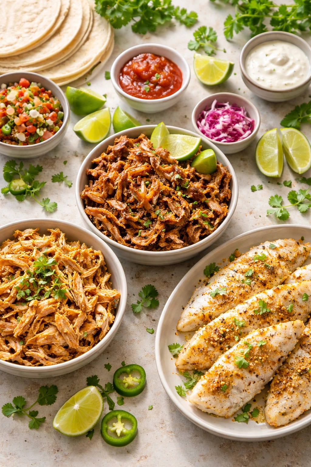 Three taco proteins: shredded chicken, carnitas, and fish on a counter