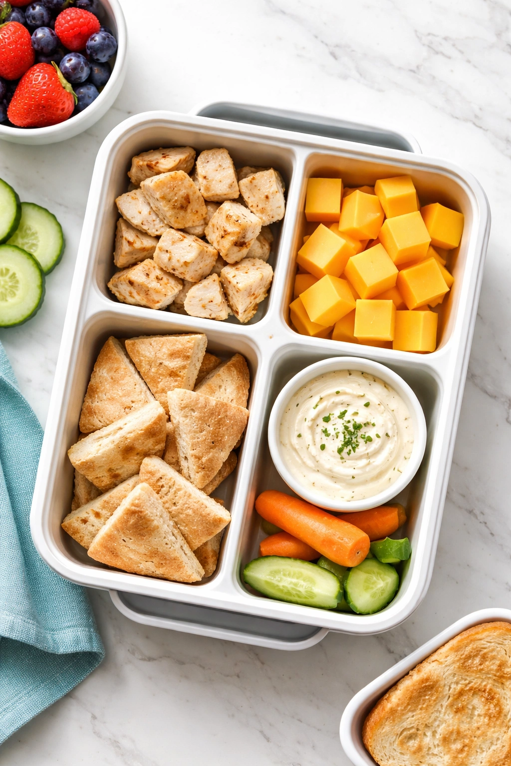 Lunchbox with chicken, cheese, bread, and dip in separate compartments