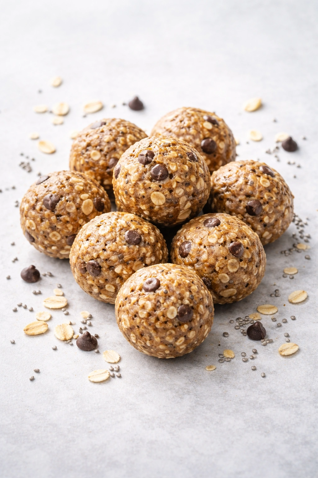 Close-up of protein energy balls on a neutral surface; no-bake high-protein snack