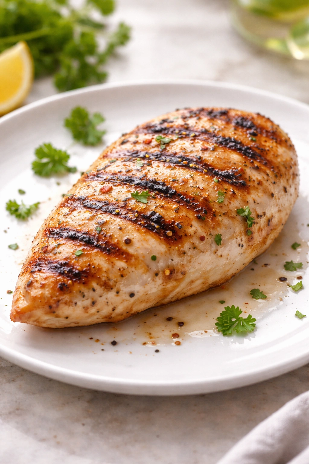 Close-up of grilled chicken breast highlighting protein fullness and satiety