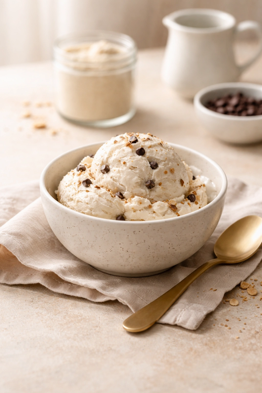 Minimalist bowl of protein ice cream in calm setting