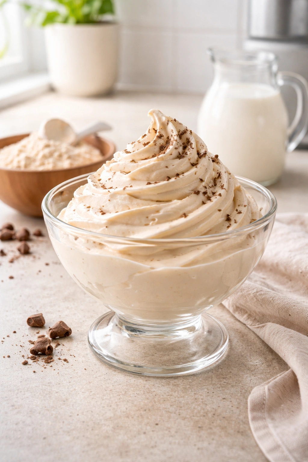 Close-up of creamy homemade protein ice cream in a glass dish on a kitchen counter