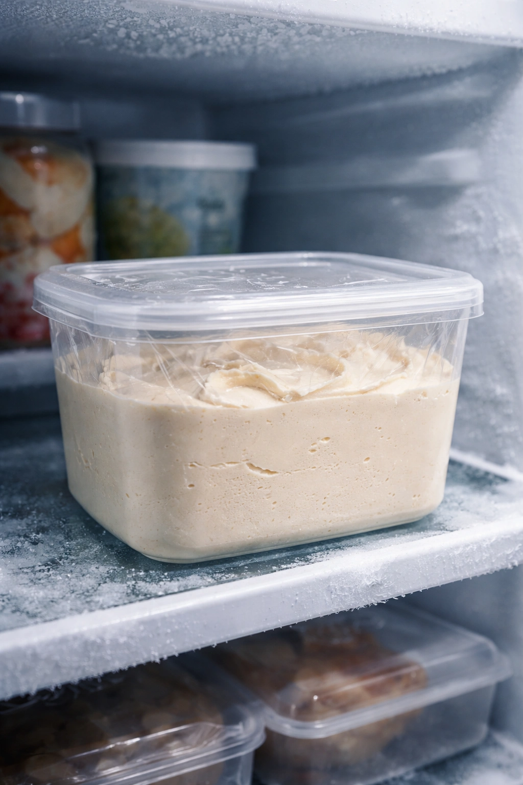 Freezer-safe container of protein ice cream with frost on glass
