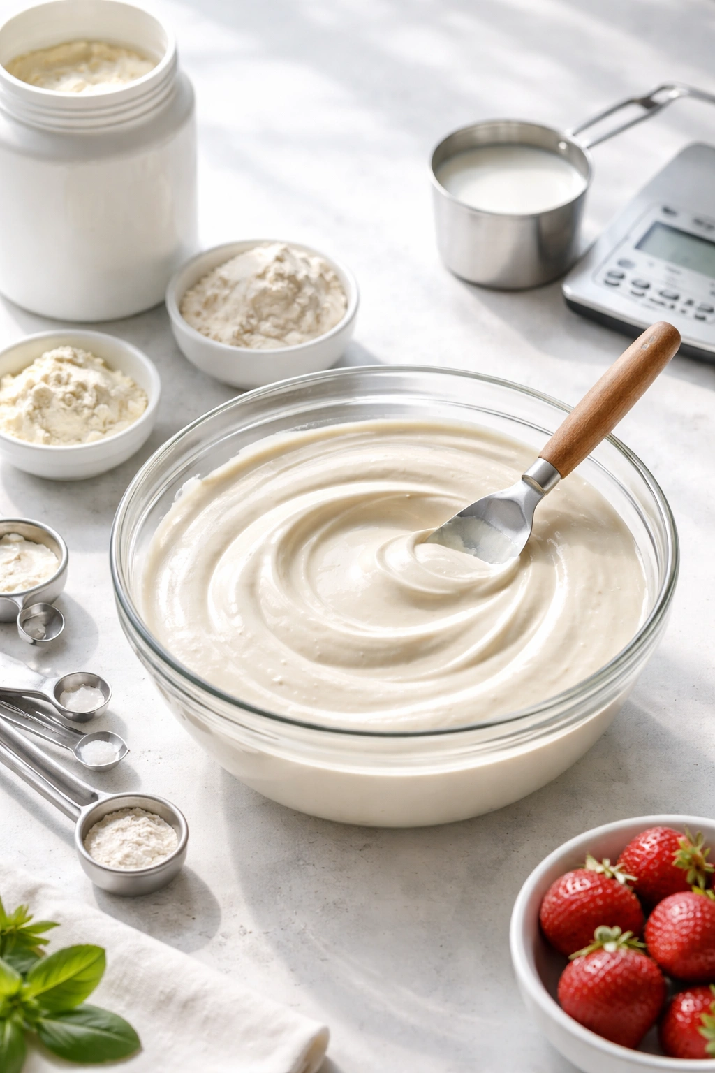 Close-up of protein ice cream base with measuring tools in a bright kitchen