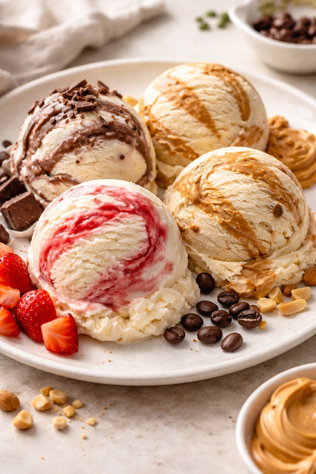 Vanilla protein ice cream with chocolate and berry swirls on a plate