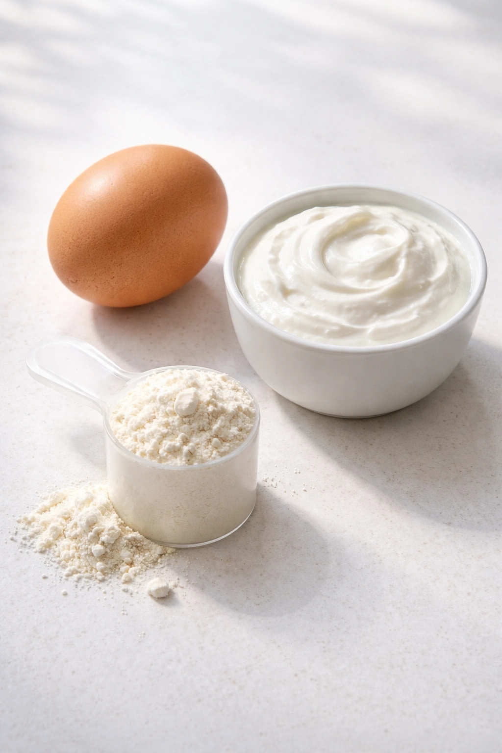 Egg, Greek yogurt, and protein powder arranged as key ingredients
