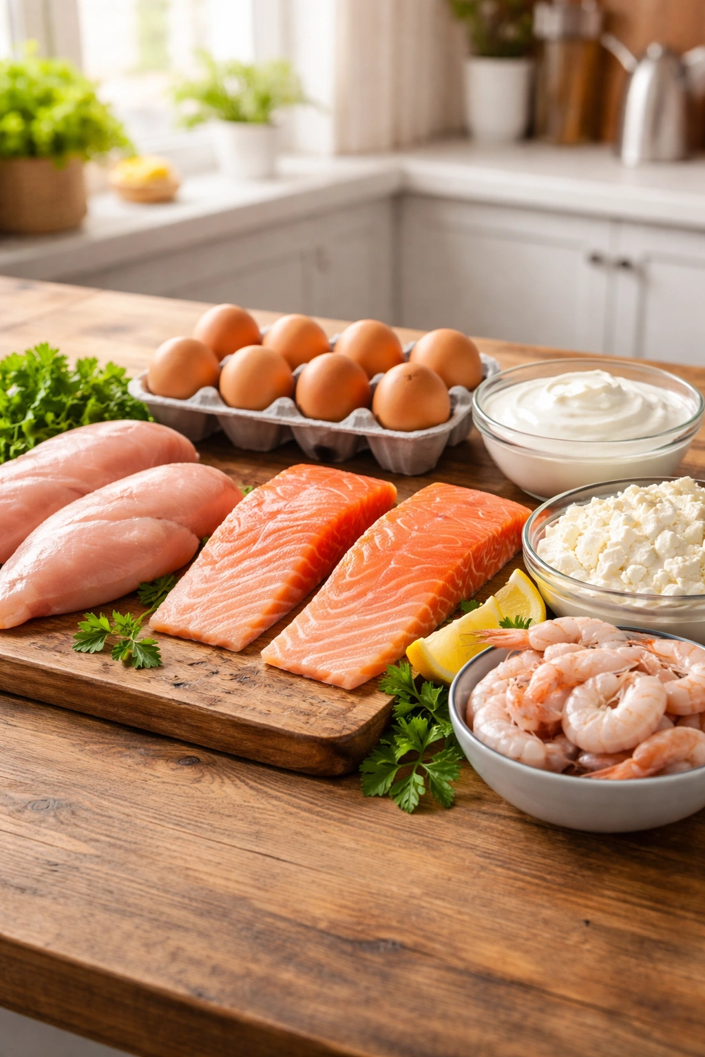 Row of high-protein ingredients including chicken, salmon, eggs, yogurt, cottage cheese, and shrimp