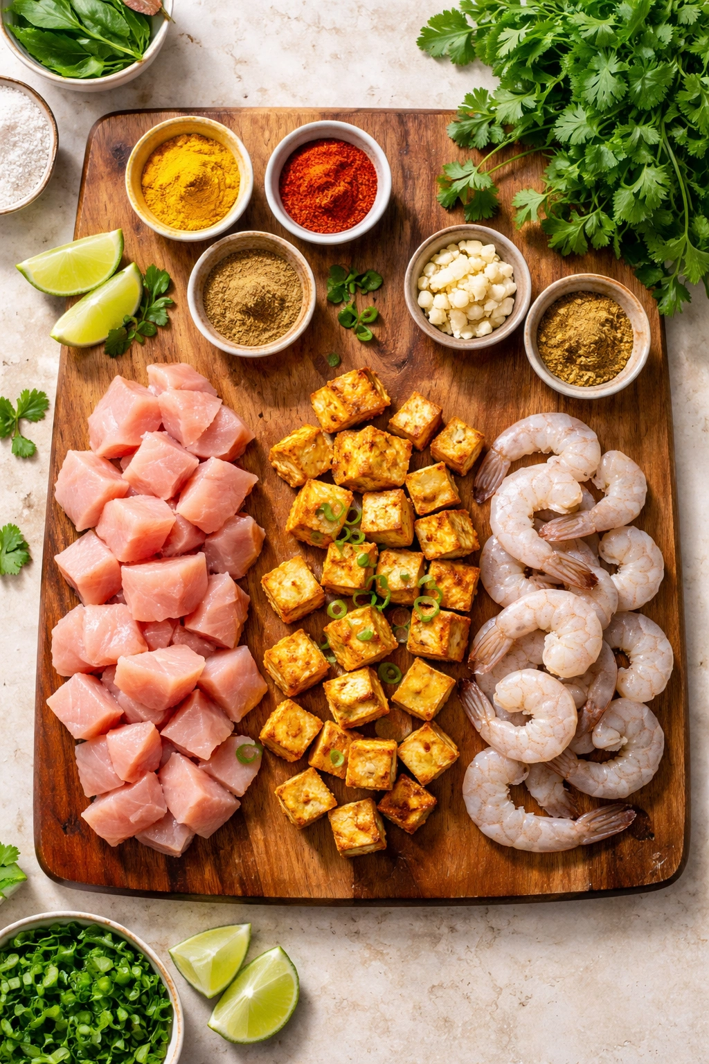 Top-down view of chicken, tofu, and shrimp with spices and cilantro for curry customization