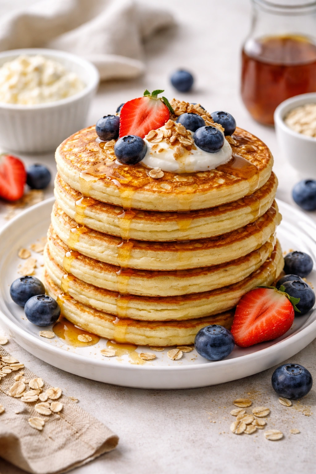 Stack of cottage cheese pancakes on a plate with a clean background