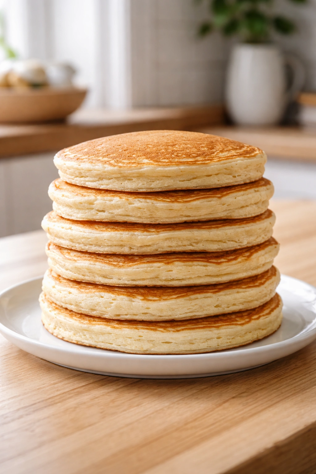Close-up of a stack of protein pancakes on a white plate, highlighting fluffy texture