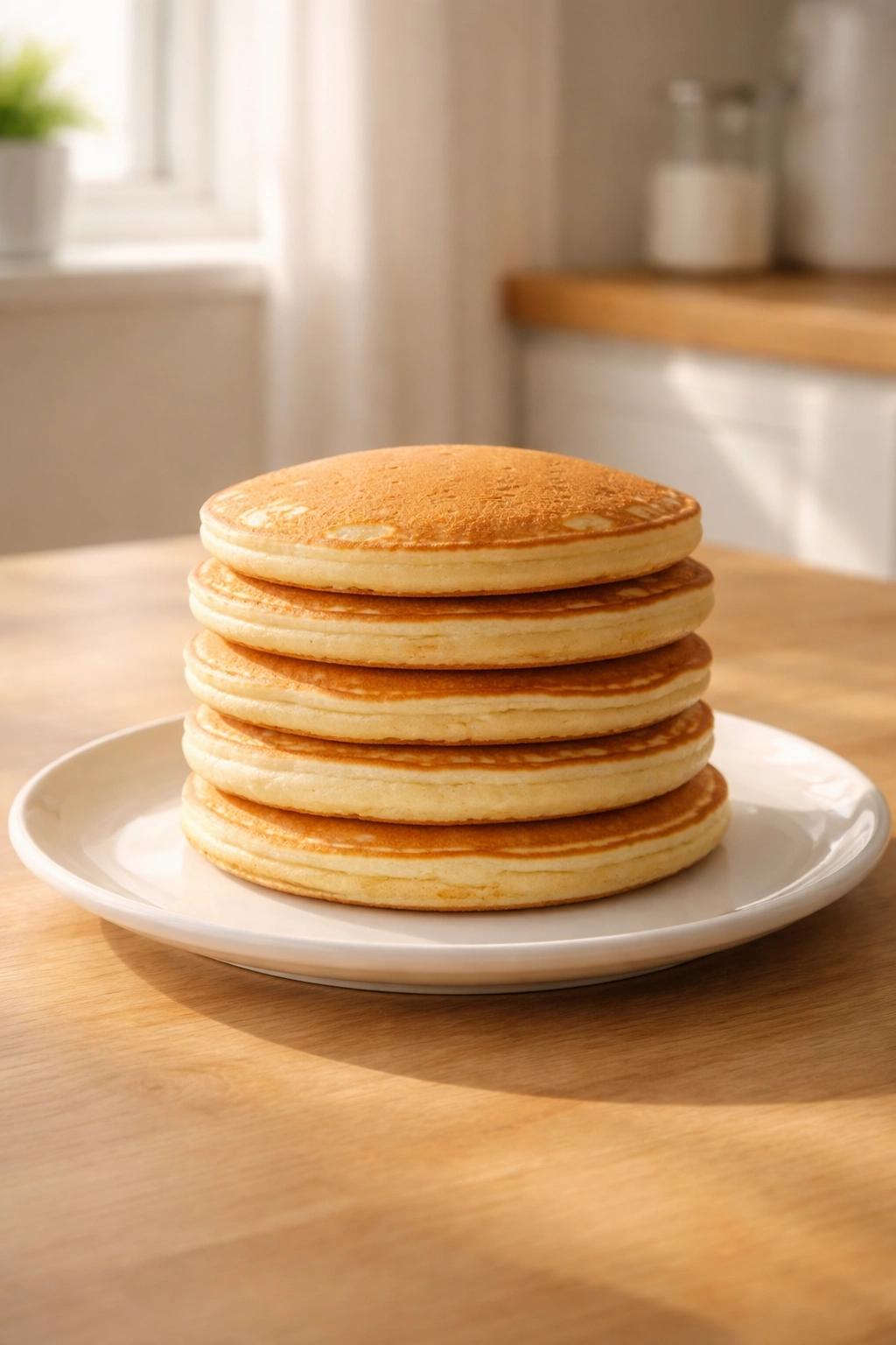 Close-up of a simple stack of protein pancakes on a white plate with warm morning light