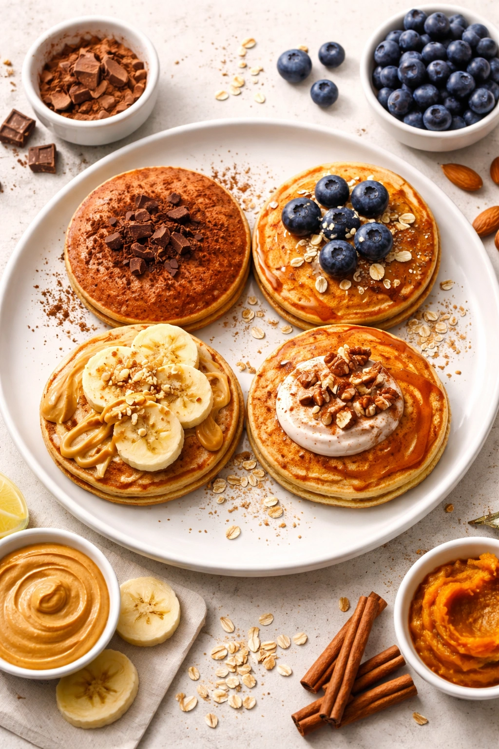 Plate with four mini pancakes each with different toppings representing flavor variations