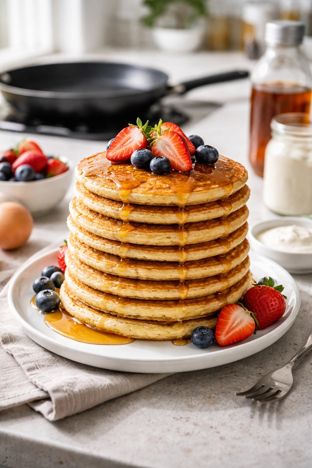 Close-up of a tall protein pancakes stack on a plate in a bright kitchen