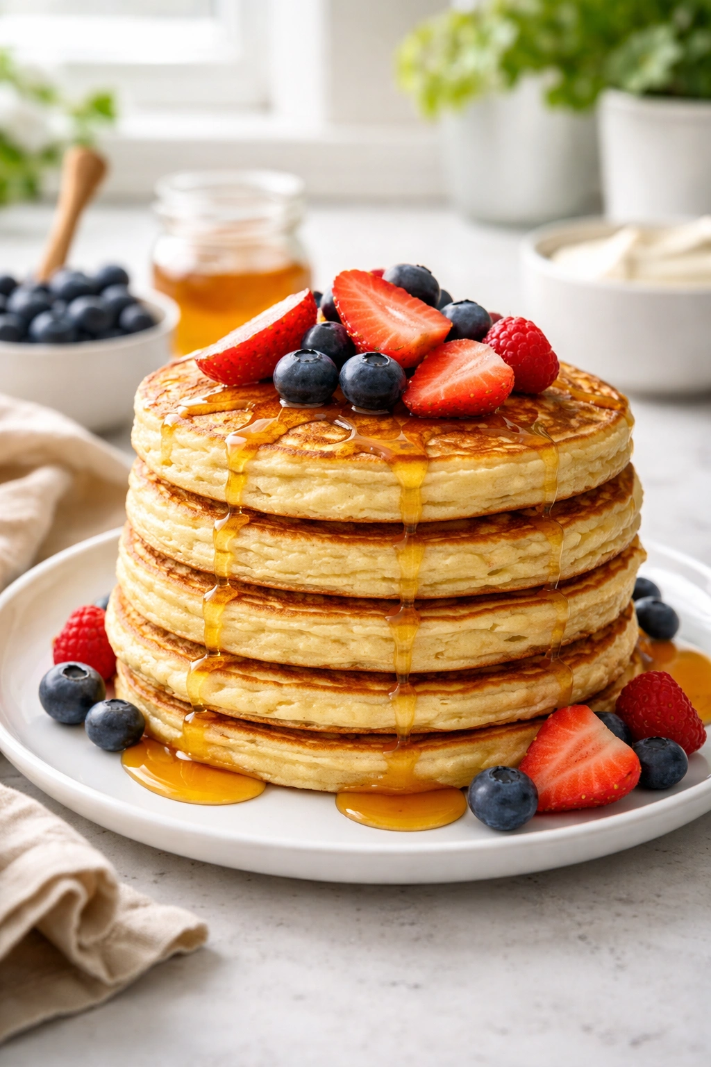 Stack of golden protein pancakes on a white plate