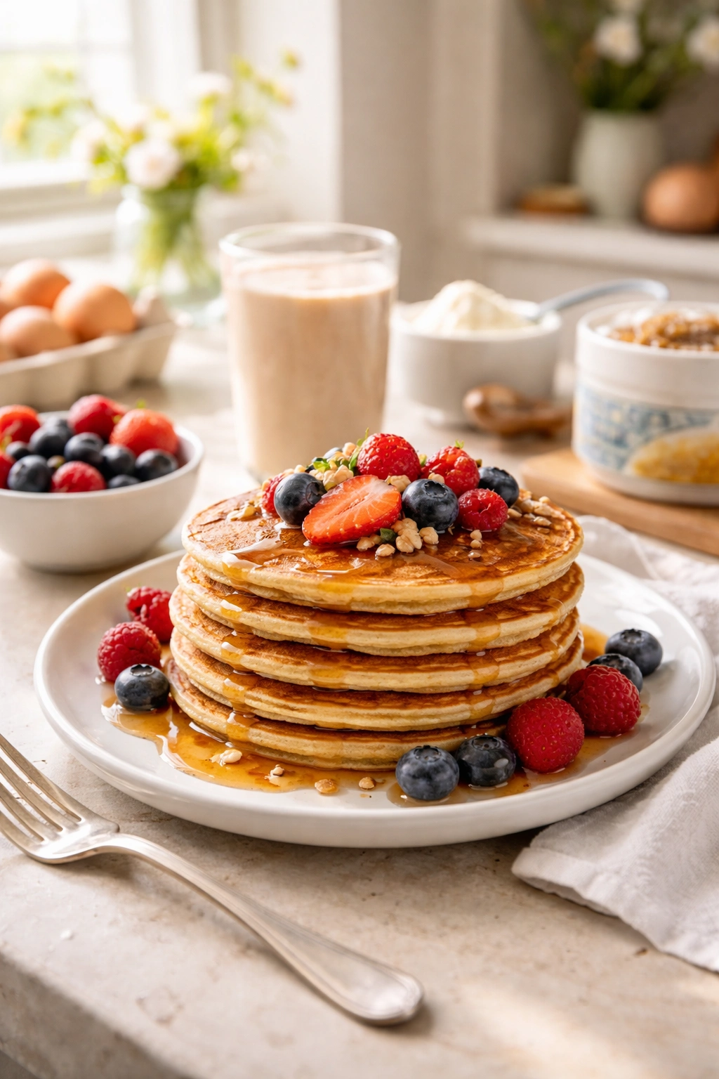 Morning pancakes on a sunlit counter illustrating breakfast timing
