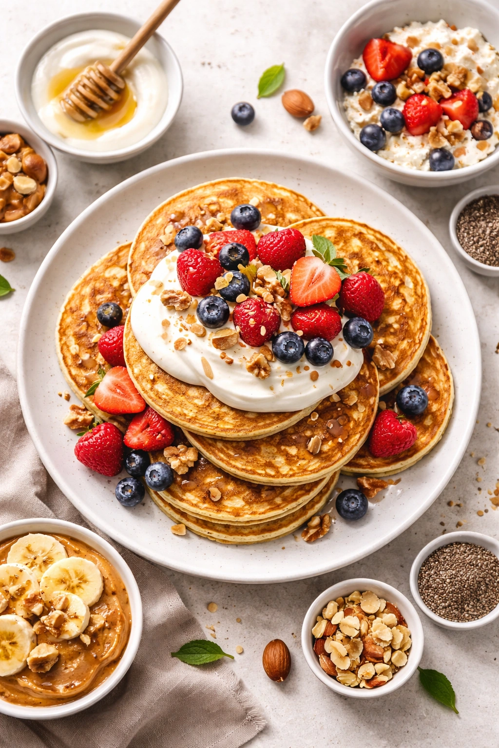Protein pancakes topped with yogurt, berries, and nuts highlighting satiety