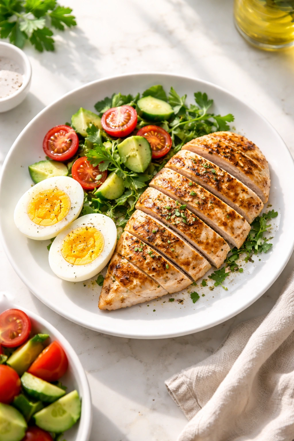 Close-up plate of protein-rich meal with chicken and eggs