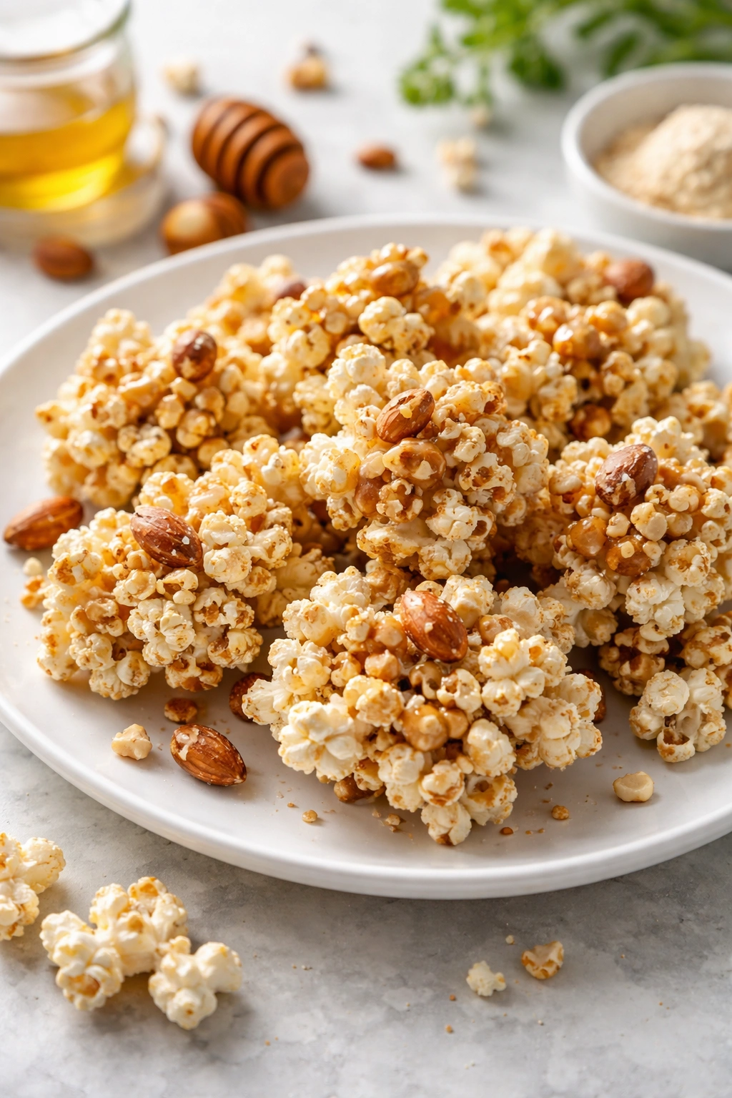 Popcorn clusters with nuts and glaze on a plate