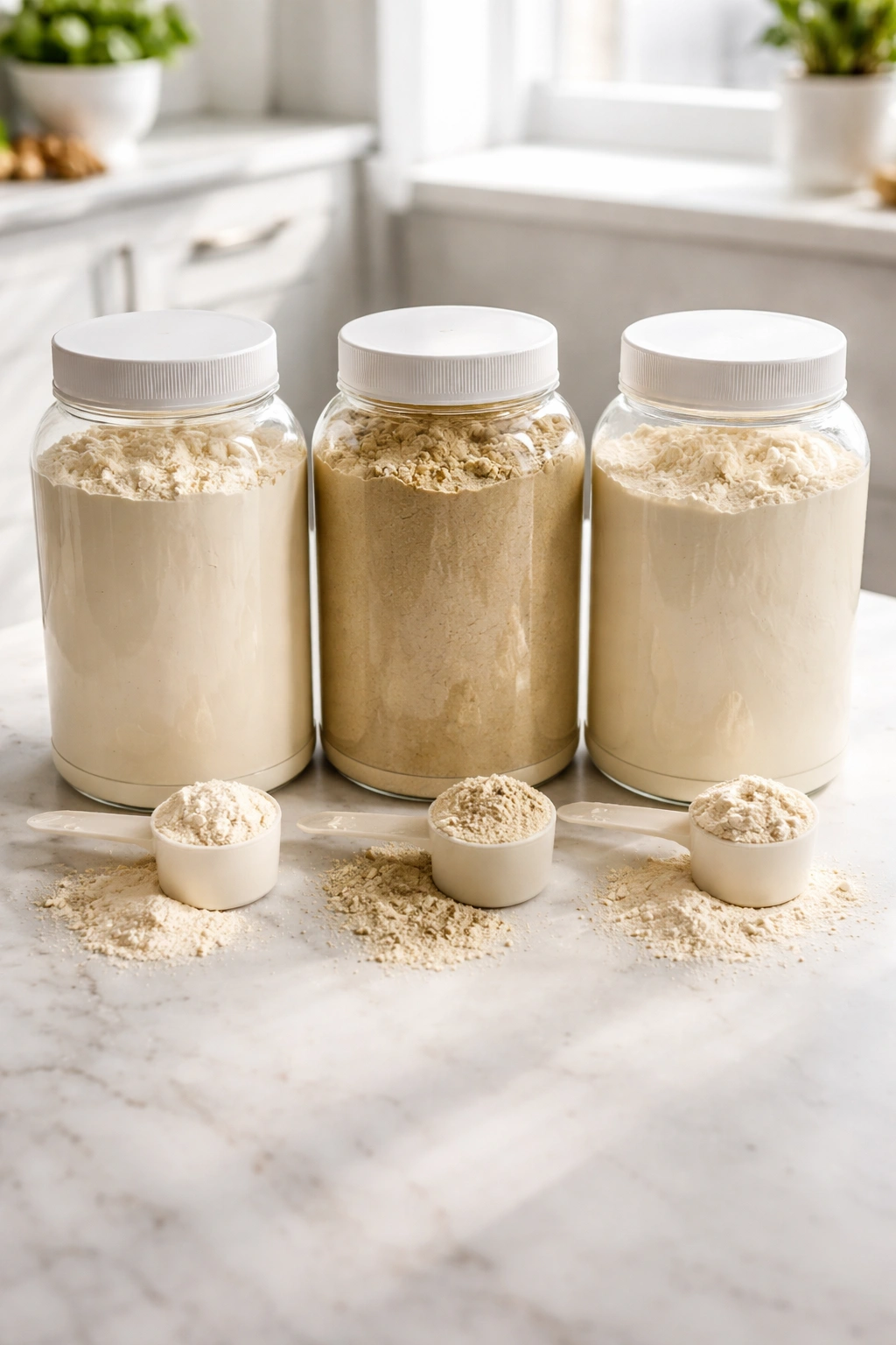 Unlabeled protein powder jars with scoops on a clean counter