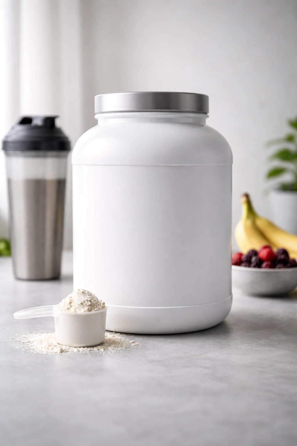 Unlabeled protein powder container for post-workout recovery on a clean surface