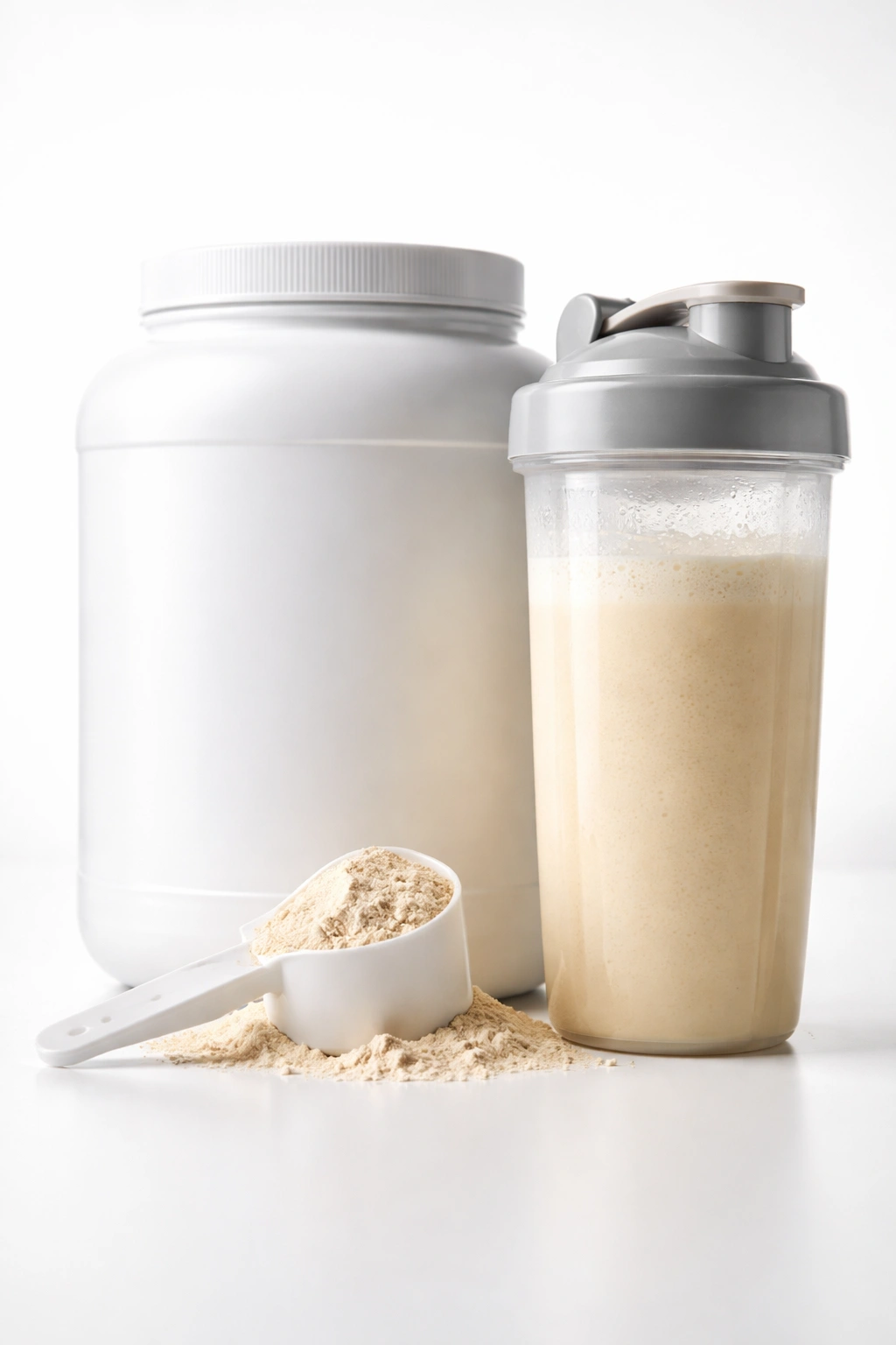 Unlabeled protein powder tub with scoop and shake