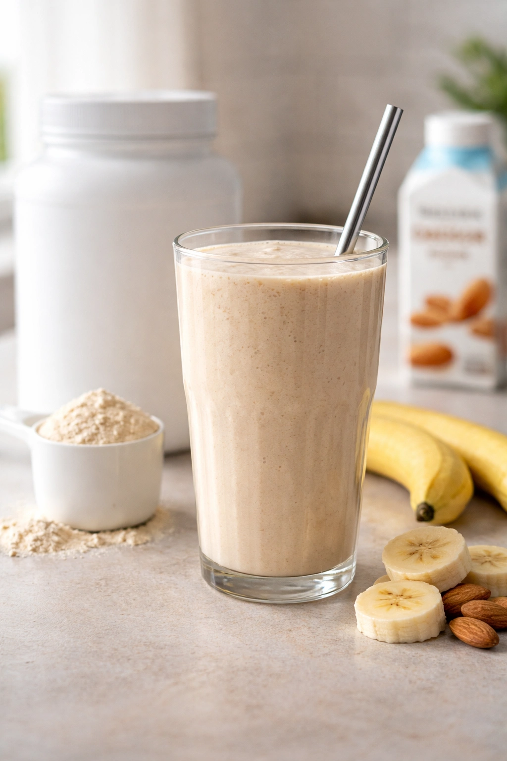 Glass of protein powder smoothie with no visible labels on a neutral background