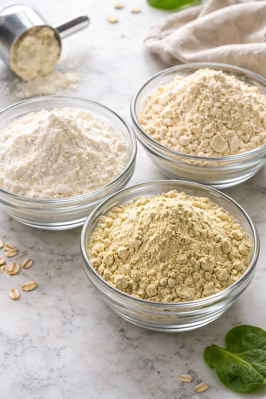 Close-up of three unlabelled bowls with different protein powders showing texture variations