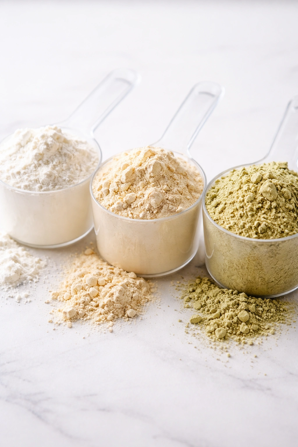 Close-up of three unlabeled protein powder scoops showing different powder colors