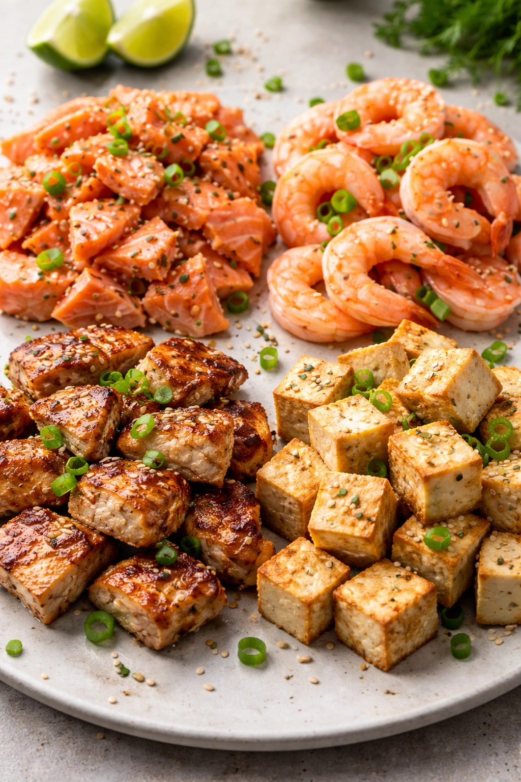 Close-up of four proteins: salmon, shrimp, chicken, and tofu on a neutral background.