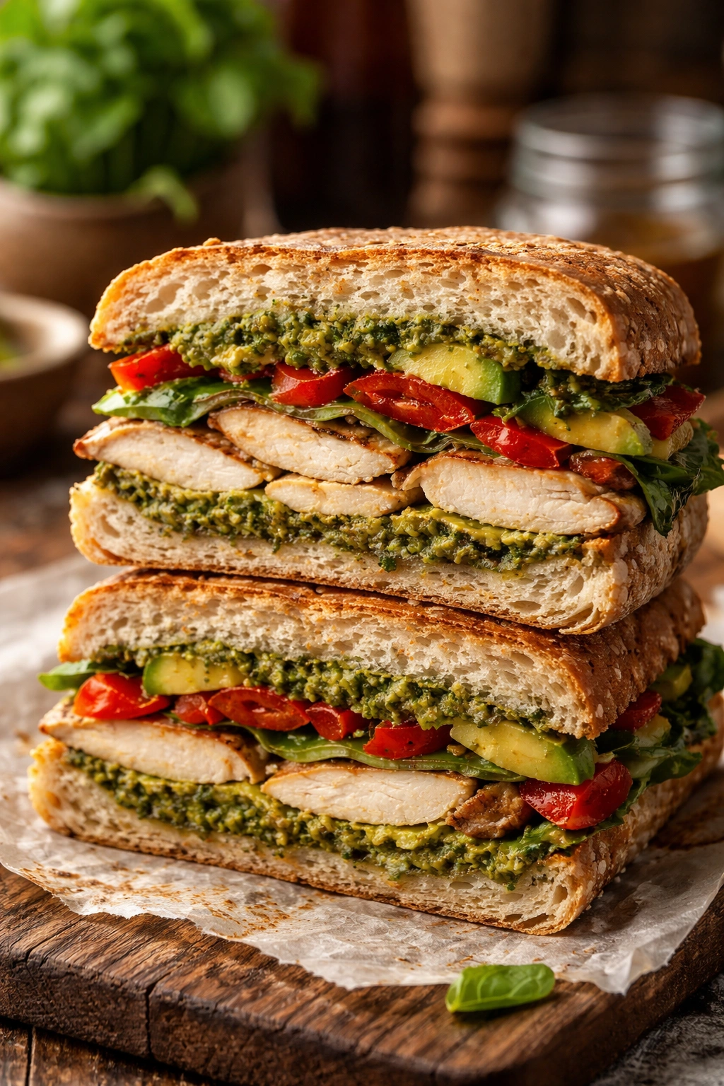 Cross-section of a hearty sandwich showing layers of chicken, pesto, peppers, and avocado