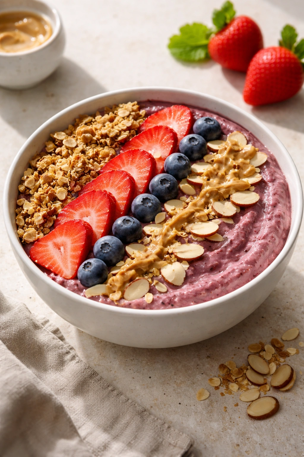 Thick smoothie bowl with granola almonds and berries as toppings