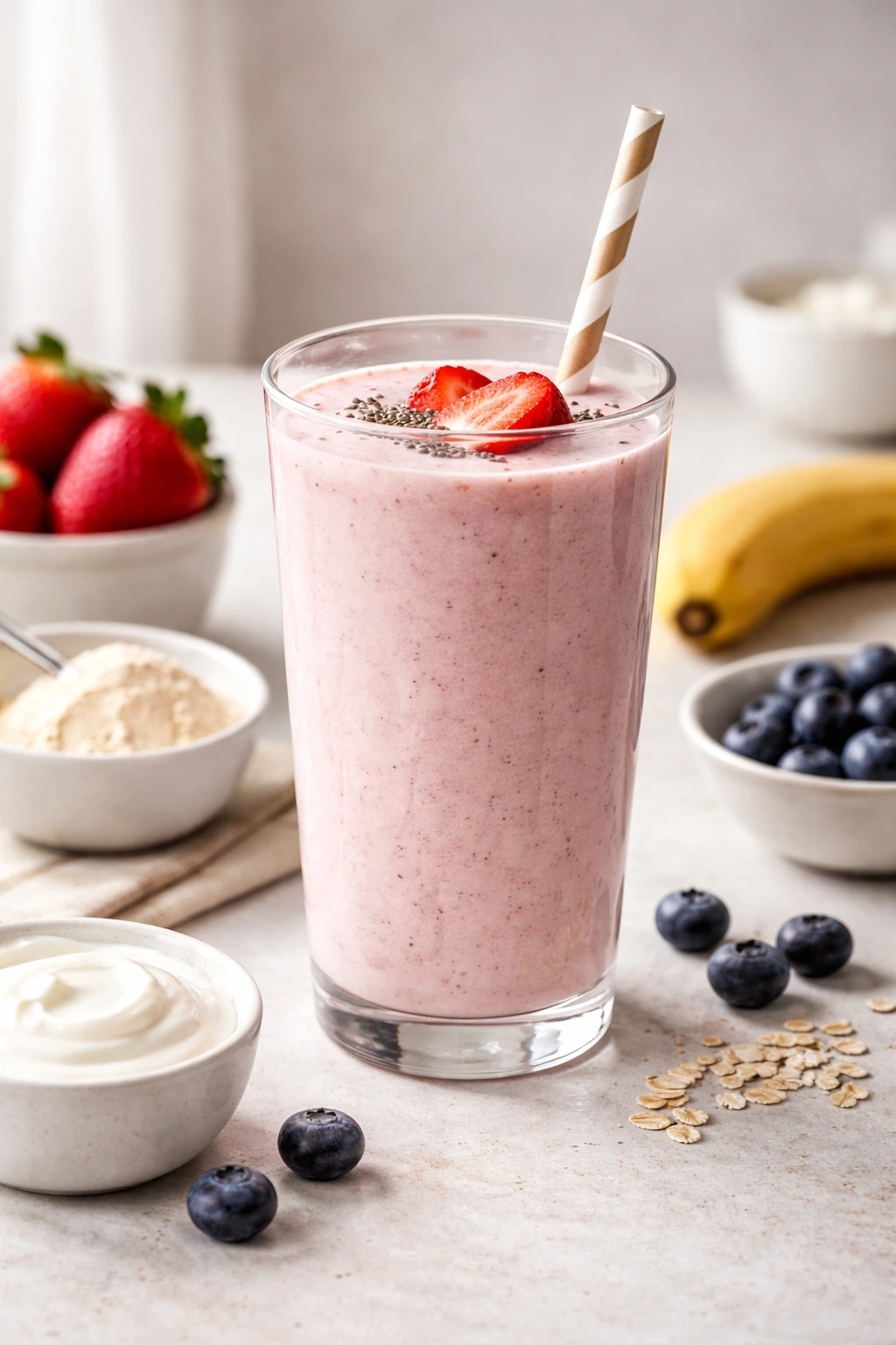 Tall glass of creamy protein-based smoothie on a clean surface