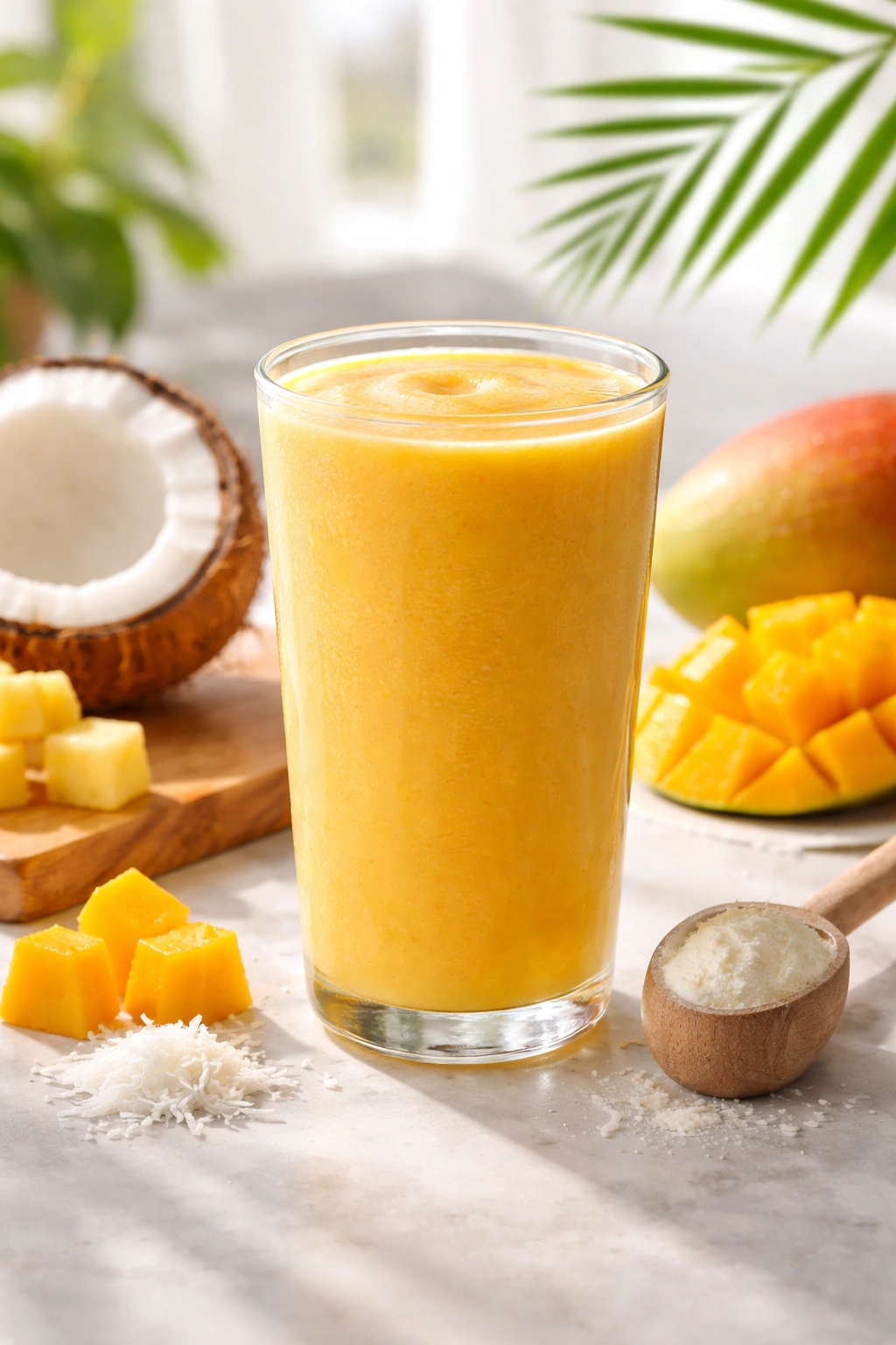 Glass of mango coconut protein smoothie with bright tropical color
